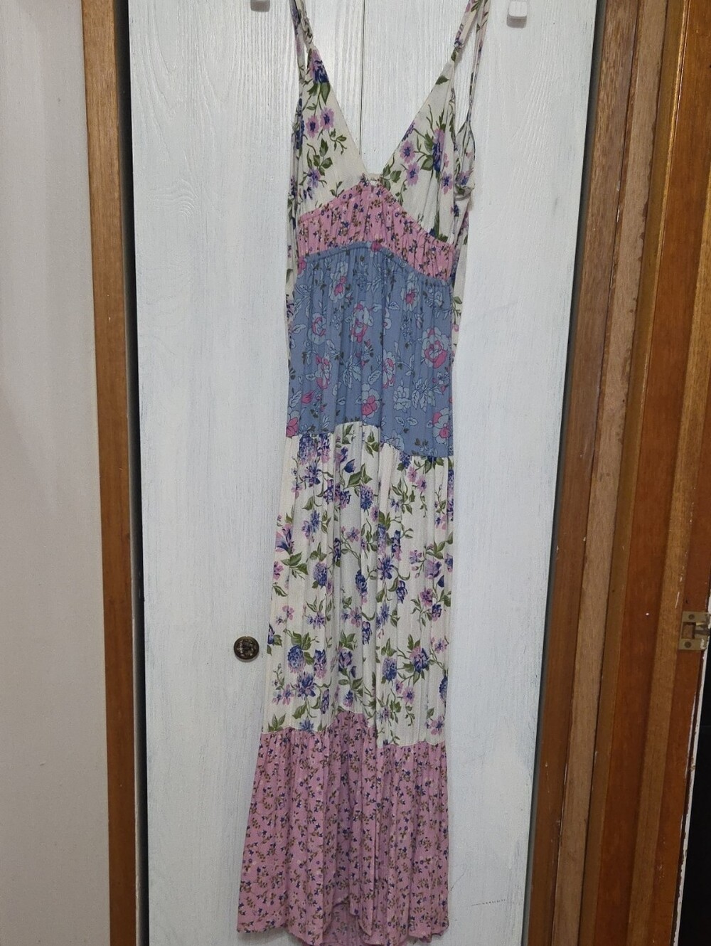 Angie Floral Patchwork Maxi Dress in Cream, Blue & Pink